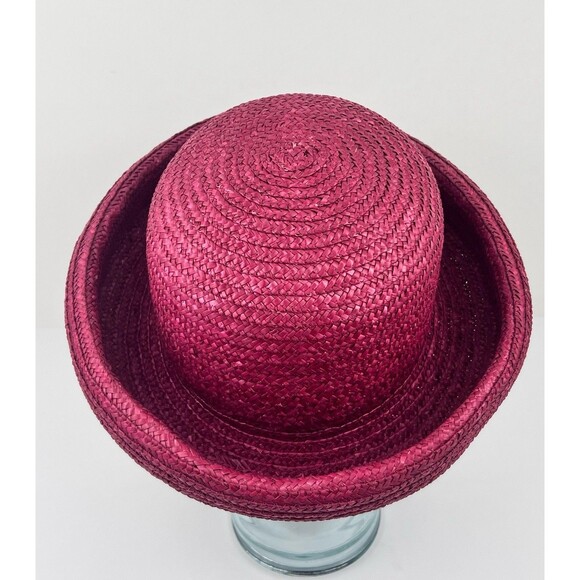 VTG Laura Ashley Italy Pink Red Raffia Straw Hat Rolled Brim Coche Style Cottage main image 6